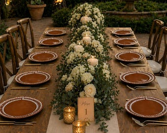 Juego de 12 platos llanos de Talavera, marrones y blancos, elaborados artesanalmente.