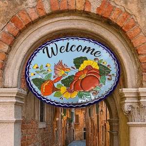 Talavera Welcome Oval Wall Plaque 12.5x9.5 Handcrafted Floral and Bird Design
