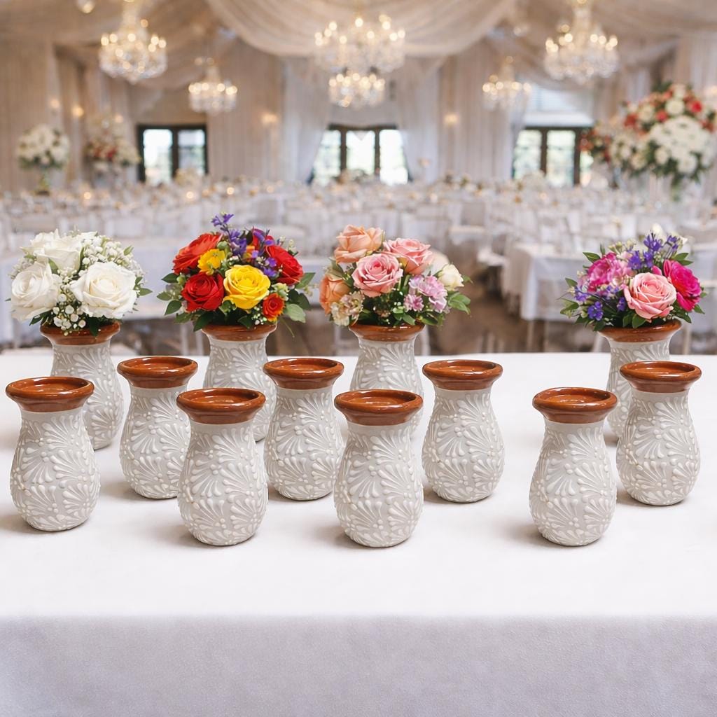 pataya　VINTAGE flower vase2つセット Talavera Set of 12 Flower Vases | White & Brown | 7x5” | Lead Free