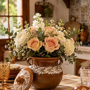 May include: A brown ceramic pot with two handles and a matching lid, decorated with white painted floral patterns. The pot is filled with a large bouquet of peach roses, white hydrangeas, white stock flowers, and green eucalyptus foliage.