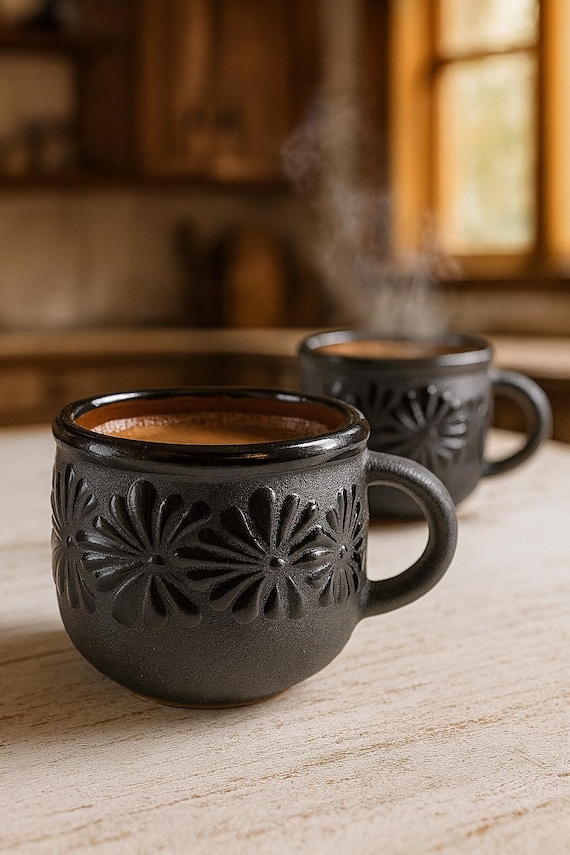 Talavera Black Floral (plumeado) Mug 3.5x4 Set of 2  12 Oz  Lead Free,  Dishwasher & Microwave Safe - Etsy