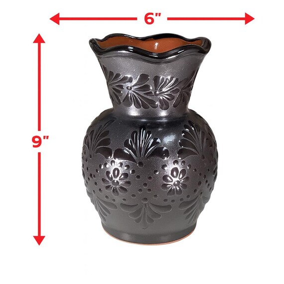 Talavera Black Glossy Flower Vase With Wavy Rim (9x6”) – Lead Free