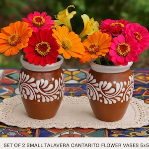 Handgjord liten Talavera Cantarito-kopp/blomvas; Set om 2; 5x3,5 – Brun & vit virveldesign – Mexikansk keramik