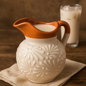 Mexican Small Talavera Pitcher | White & Brown Rim