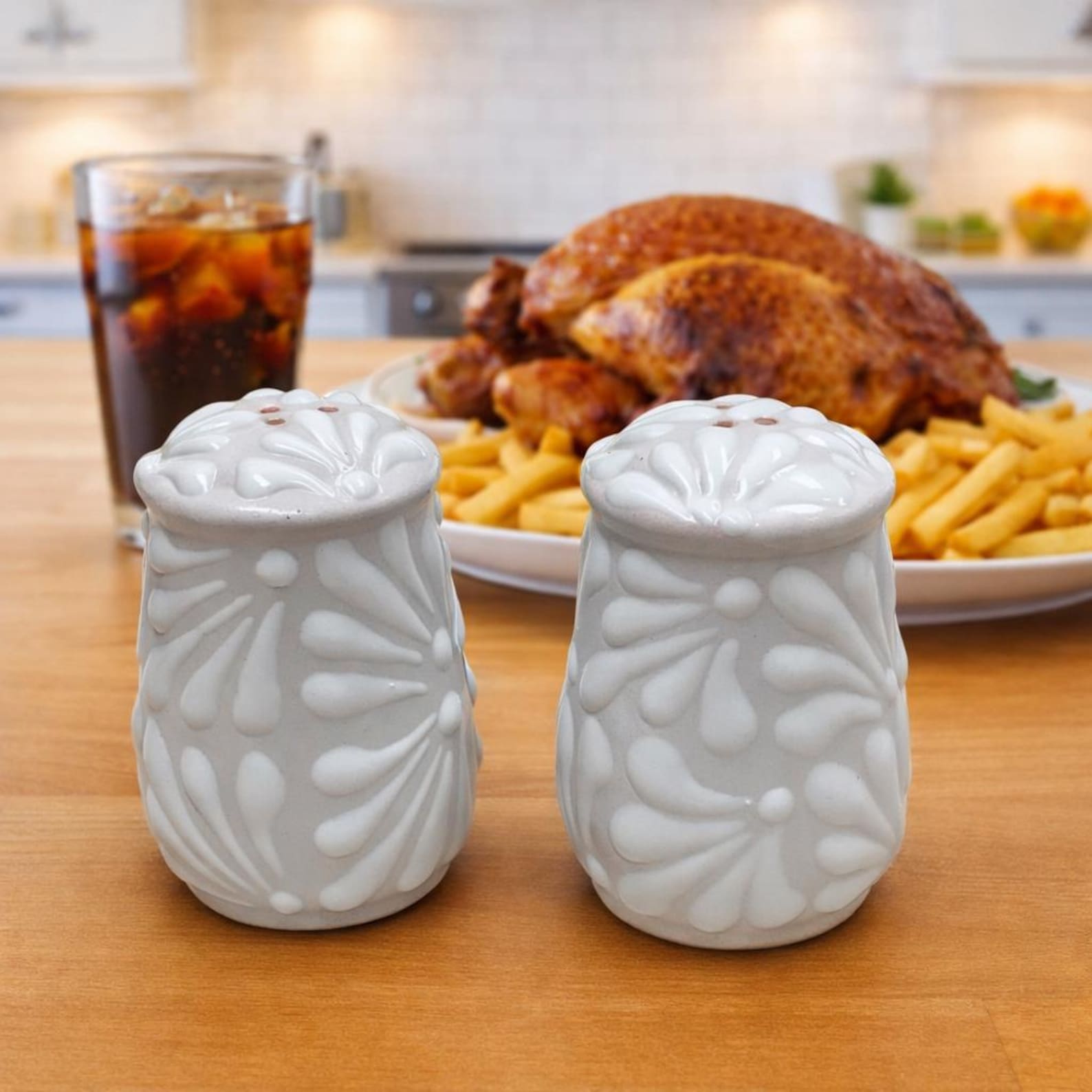 Handmade Talavera Mexican Salt/Pepper Shaker Set of 2 | White & White