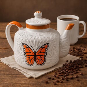 Könnte beinhalten: Weiße Keramik-Teekanne mit einem orangefarbenen Schmetterlingsdesign und floralen Prägungen. Die Teekanne hat einen orangefarbenen Griff und Ausguss sowie einen passenden Deckel. Eine weiße Kaffeetasse und Kaffeebohnen sind ebenfalls im Bild.