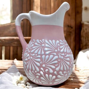 Traditional Handmade Mexican Talavera Pitcher | Pink & White