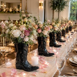 May include: A series of black cowboy boots used as floral vases, each containing a bouquet of white and pink roses with greenery. The boots are arranged along a long table runner, interspersed with lit votive candles and scattered pink rose petals.