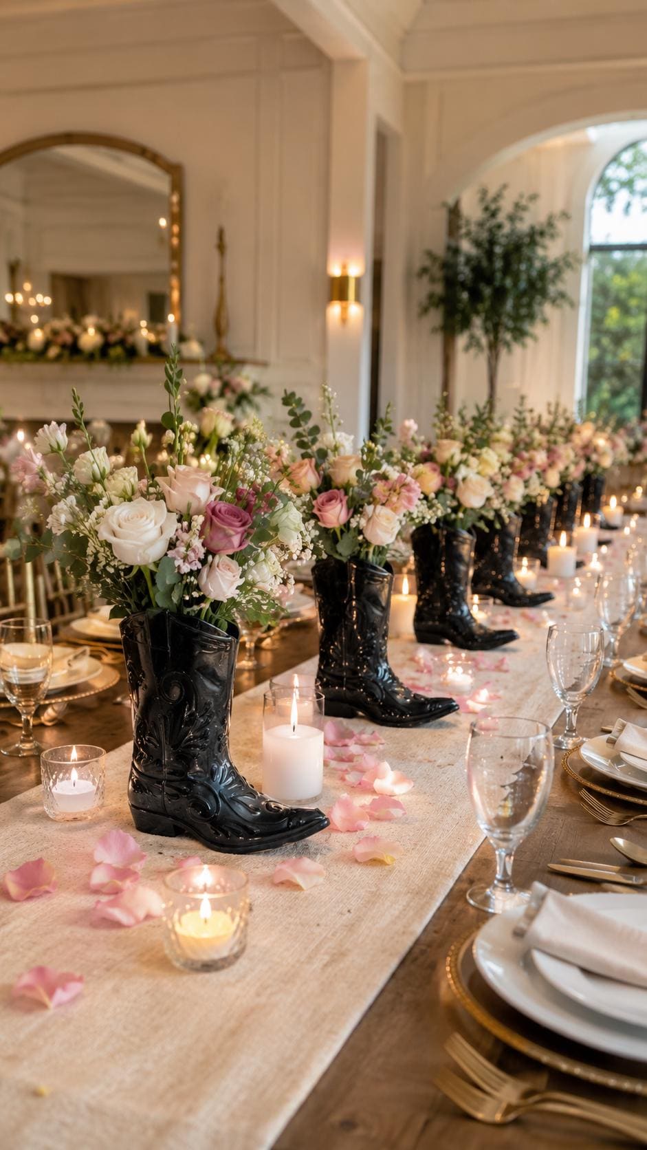 Set Of 6 Black Ceramic Cowboy Boot Vases