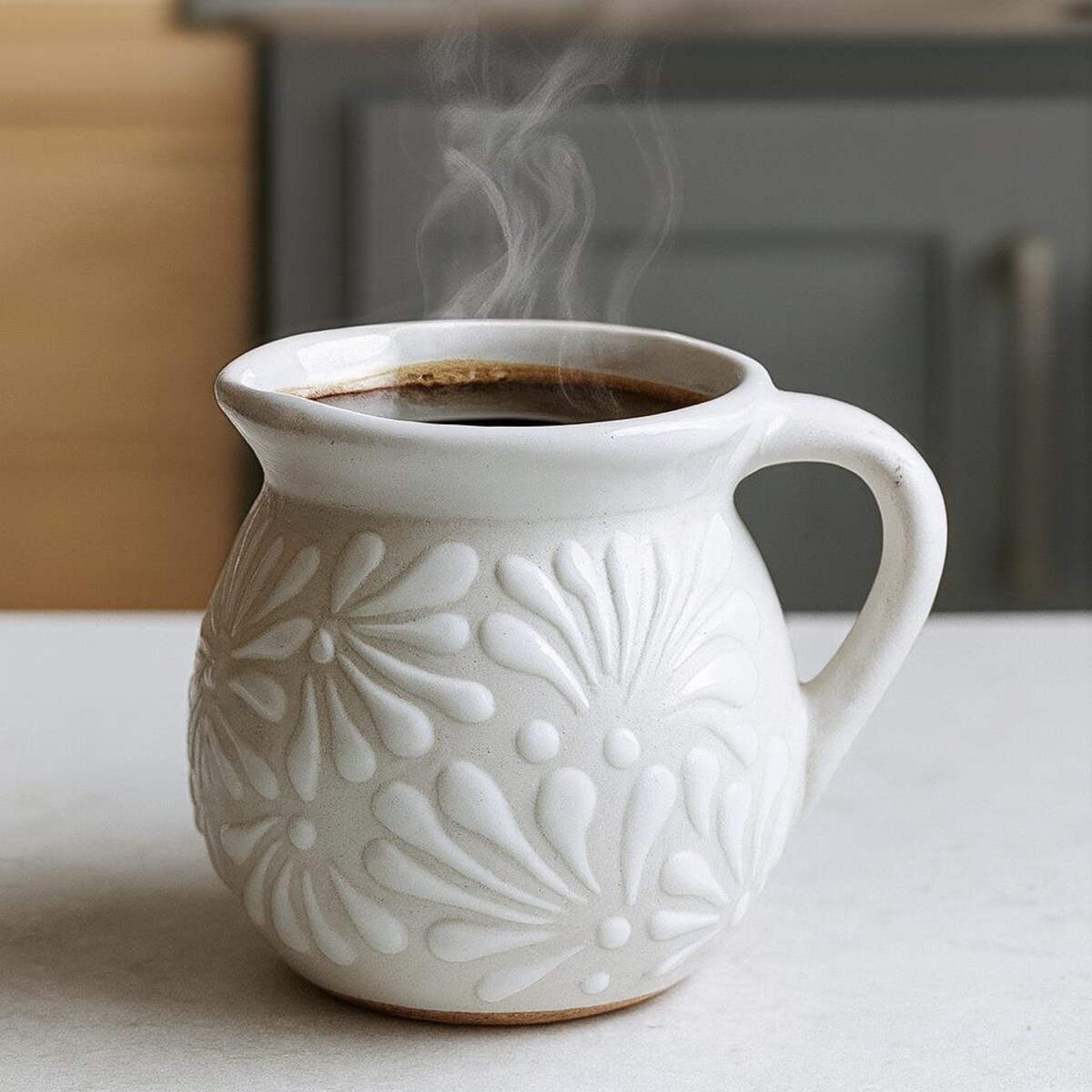Talavera White Floral (Plumeado) 4x4” in | 12 oz | Lead Free | Dishwasher & Microwave Safe