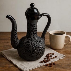May include: A black ceramic coffee pot with a decorative floral pattern, a curved spout, and a handle. A beige mug filled with coffee and coffee beans are next to the pot on a wooden surface.