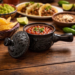 Talavera Salsa Bowl With Lid (Design Flor) | Black Color
