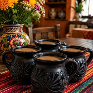 May include: Four black ceramic mugs with embossed floral patterns, each filled with a light brown beverage. The mugs are arranged on a colourful striped textile runner featuring red, orange, green, and black hues, positioned near a floral vase.