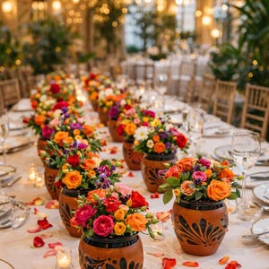 May include: A long table set for a special event, adorned with multiple terracotta vases filled with vibrant flowers. The flowers include orange, red, pink, and purple blooms. The vases have a black decorative pattern. Scattered rose petals and candles add to the ambiance.