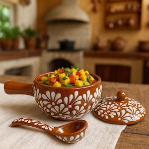 Puede incluir: Un cuenco de cerámica marrón con asa, lleno de verduras cortadas en dados de colores. El cuenco tiene un estampado floral blanco. Una tapa y una cuchara a juego están junto al cuenco. La escena está ambientada en una cocina rústica.