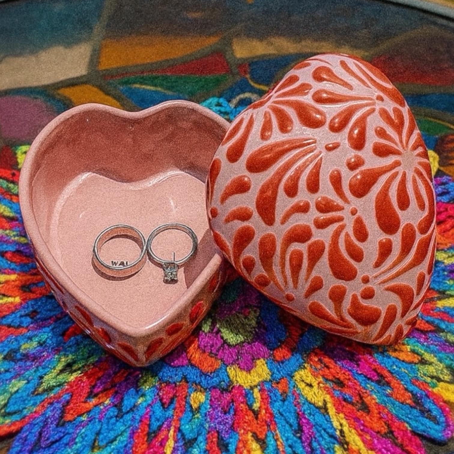 Handcrafted Talavera Heart Jewelry Box – Pink & Red Decorative