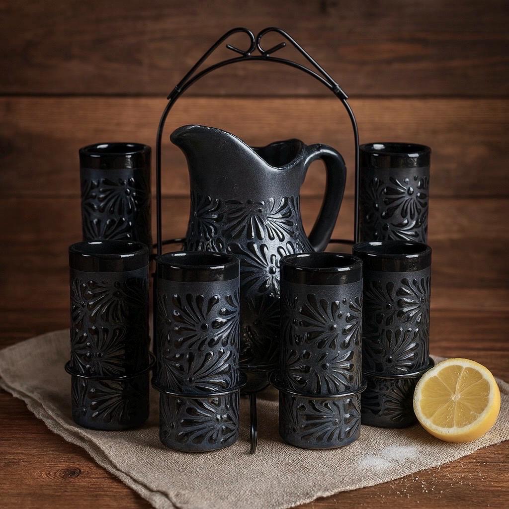 Handcrafted Talavera Pitcher Set With 6 Cups and Metal Stand – Black Floral  Design - Etsy