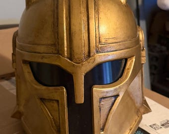Small Gold Armorer Style Helmet - Custom Petite Mandalorian Prop for Women, Wearable Sci-Fi Armor