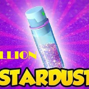 Puede incluir: Una botella azul llena de purpurina rosa con el texto "1 MILLÓN STARDUST" sobre un fondo morado.