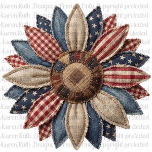Pode incluir: Um design patriótico de girassol com pétalas de ganga, listras vermelhas e brancas e tecido com estrelas. O centro é um patchwork de tecidos castanhos e bege. O design lembra a bandeira americana.
