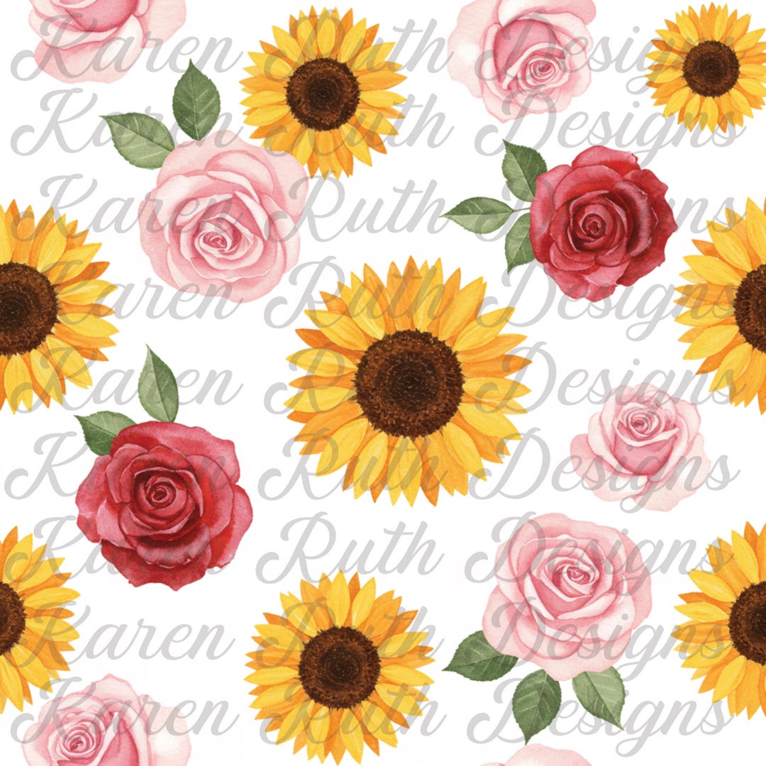 Sunflower & Rose Seamless Pattern | Floral Digital Paper (PNG) - Etsy