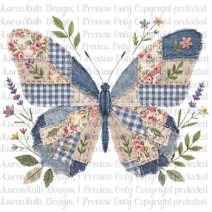 Patchwork Butterfly PNG JPEG, Cottagecore Quilt Butterfly Clipart, Rustic Floral Butterfly Sublimation Design