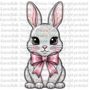 Könnte beinhalten: Niedliche, glitzernde Hasen-Illustration mit großen, ausdrucksstarken Augen und einer rosa Schleife. Der Hase ist weiß mit schillernden Akzenten, die Ohren haben eine rosa Innenseite. Der Text "Preview Only" und "Copyright protected" ist vorhanden.