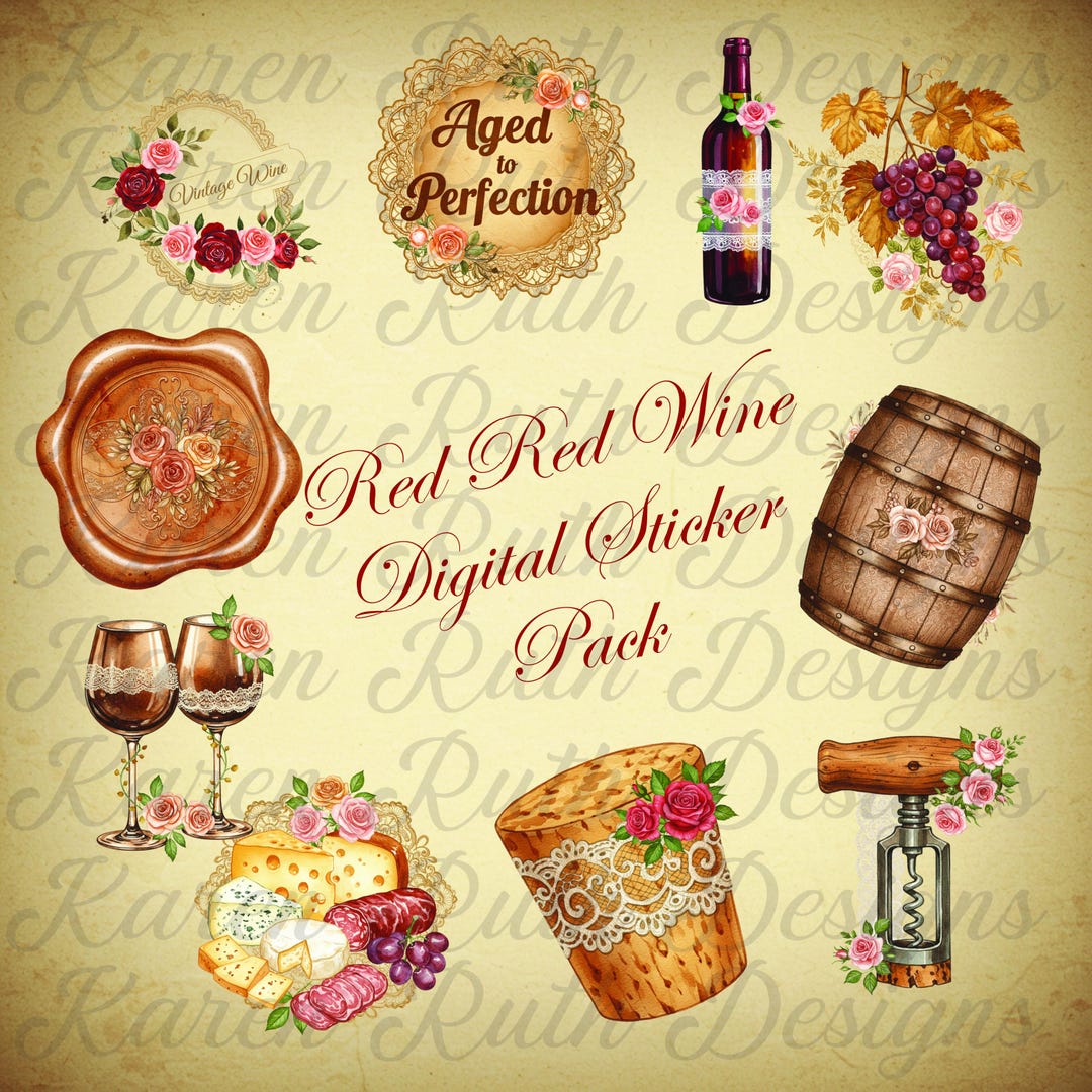 Local Wine Sticker Red Wine Digital Stickers – Printable Wine Bottle, Grapes, Corks, and ...