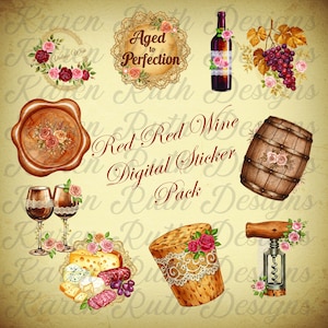 Red Wine Digital Stickers: Vintage Vineyard Scrapbook Embellishments (PNG)