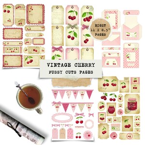 Peut inclure: Ensemble d'éphémères en papier sur le thème des cerises vintage. Comprend des étiquettes, des enveloppes et des bannières dans les tons rose, crème et rouge. Le texte "VINTAGE CHERRY FUSSY CUTS PAGES" est affiché. Les pages mesurent 27,9 x 21,6 cm.