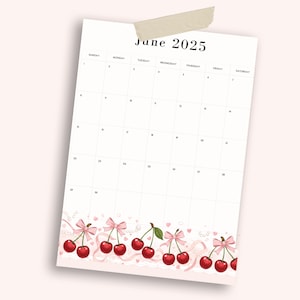 June 2025 Printable Calendar | Cherry Coquette Aesthetic | Cute Digital Download Monthly Planner Page