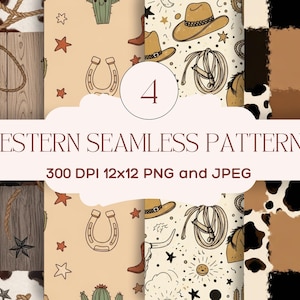 May include: Four western-themed seamless patterns. The patterns include cowboy hats, horseshoes, cacti, and cowhide textures. The text "WESTERN SEAMLESS PATTERNS" is displayed in a banner across the image, along with "300 DPI 12x12 PNG and JPEG".