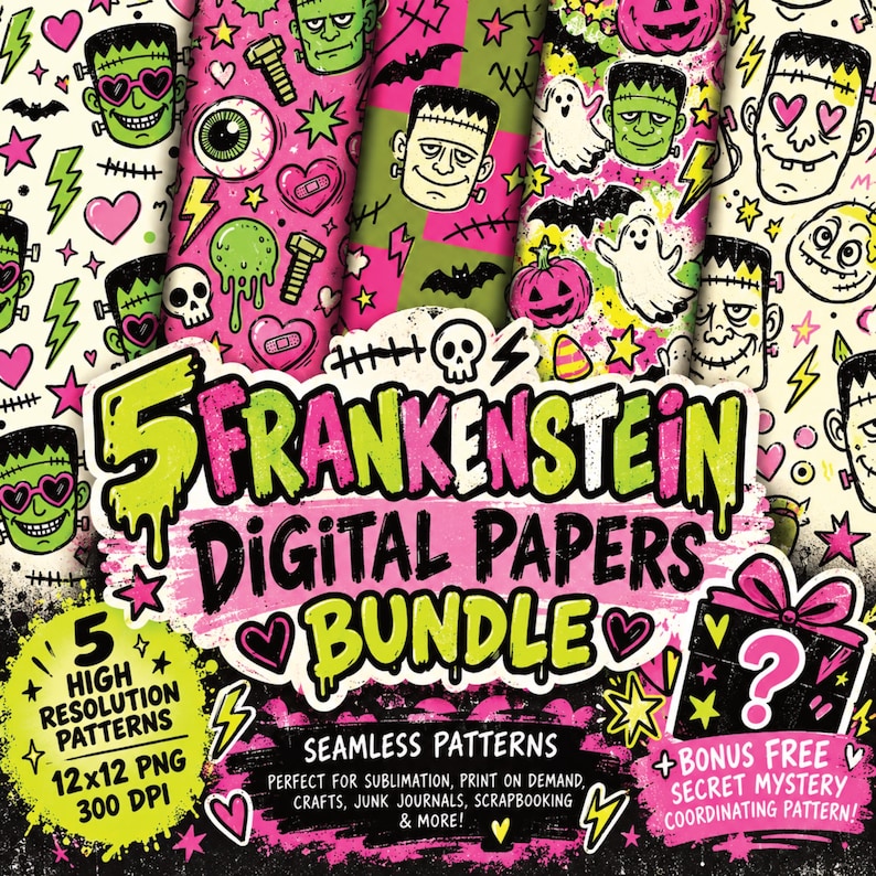 Retro Pattern Backing Paper Frankenstein Halloween Seamless Pattern Bundle | Retro Spooky Digital ...