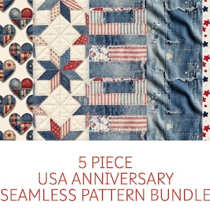Puede incluir: Un conjunto de cinco patrones sin costuras con temática patriótica, con corazones, estrellas y patchwork en rojo, blanco y azul. Los diseños evocan el denim y las colchas americanas tradicionales, adecuados para diversas aplicaciones artesanales.