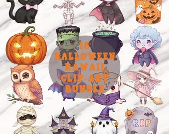 May include: A collection of 16 Halloween-themed Kawaii clip art images. The images include a black cat, skeleton, vampire, jack-o'-lantern, Frankenstein's monster, witch, owl, bat, mummy, haunted house, ghost, and more. The text "16 Halloween Kawaii Clip-Art Bundle" is also present.
