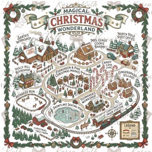 Puede incluir: Un mapa ilustrado detallado titulado Magical Christmas Wonderland que muestra el taller de Santa, la panadería de la Sra. Claus, la oficina de correos del Polo Norte, la librería Holly Hill, el mercado navideño, Candy Cane Lane, el pueblo de pan de jengibre, la pista de renos, la pista de patinaje, el taller de juguetes, la estación de tren y una granja de árboles de Navidad.