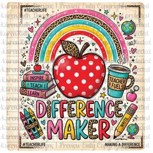 May include: A graphic design on lined paper featuring a red polka-dot apple with a leopard print leaf, a rainbow, a stack of books labelled INSPIRE, TEACH, LEARN, a mug labelled TEACHER FUEL, and a pencil. Text reads #TEACHERLIFE, DIFFERENCE MAKER, WRITE.