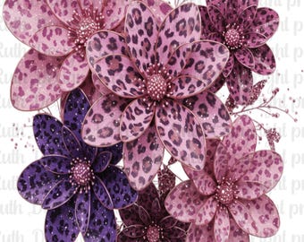 Leopardmönstrade blommor PNG | Digital nedladdning av vilda blommor | Djurtryck blommig clipart