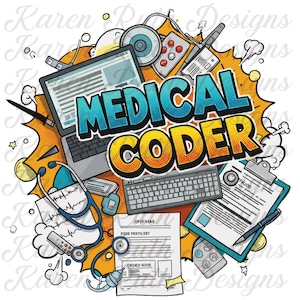 以下が含まれることがあります： 医療コーダーのコミックスタイルのカラフルなイラスト。画像には、ラップトップ、聴診器、キーボード、および「MEDICAL CODER」という単語が大きく太字で書かれた書類が含まれています。