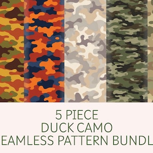 May include: Five seamless duck camo patterns in various color schemes. The patterns include shades of orange, brown, blue, green, and tan. The text at the bottom reads "5 PIECE DUCK CAMO SEAMLESS PATTERN BUNDLE."