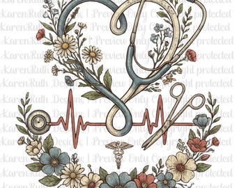 Vintage Nurse Clipart PNG JPG, Floral Medical Ephemera Design, Nurse Junk Journal Printable, Cottagecore Healthcare Download