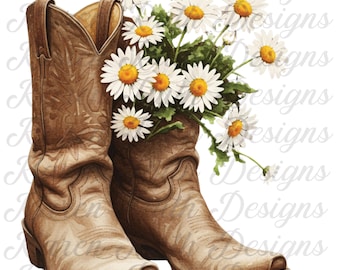 Cowboy Boots and Daisies PNG: Western Floral Clipart (Digital Download)