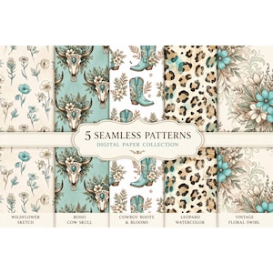 May include: A digital paper collection featuring five seamless patterns. Designs include a wildflower sketch, a boho cow skull, cowboy boots with blooms, a leopard watercolor, and a vintage floral swirl. The color palette includes teal, beige, and brown.