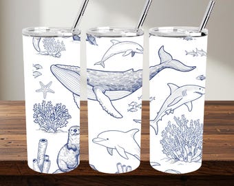 Blue Sea Animals Tumbler Wrap: PNG & PDF Sublimation Design (Digital Download