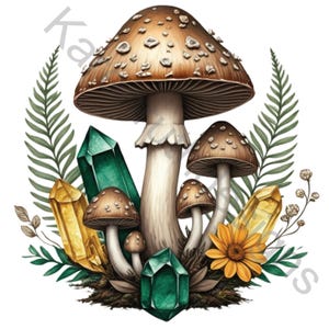 Aquarelle de champignons champignons clipart, clipart champignon vénéneux Nature forêt, Cottagecore naturel PNG numérique champignons et cristal imprimable Subli