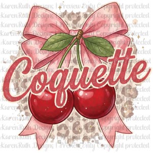 Op de afbeelding: Digitale afbeelding met twee rode kersen met groene bladeren, een roze strik en het woord "Coquette" in rood script. De achtergrond heeft een luipaardprint.