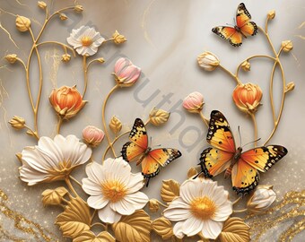 May include: A decorative floral arrangement with white flowers, orange and pink buds, and gold leaves. Three orange and yellow butterflies are perched on the flowers and leaves.