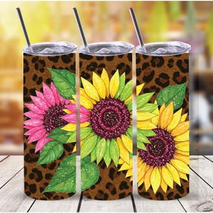 Sparkly Sunflower Leopard Tumbler Wrap: 20oz Skinny Tumbler Sublimation (PNG, PDF Digital Download