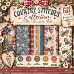 Puede incluir: Una colección digital titulada Country Stitches Collection que presenta cinco patrones sin costuras con diseños florales, de patchwork, lazos y mariposas. El set incluye archivos PNG de alta resolución de 30,48x30,48 cm y un patrón misterioso extra, sobre un fondo de madera rústica con margaritas.
