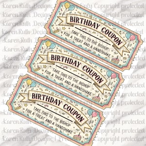 Może przedstawiać: Trzy kupony urodzinowe w stylu vintage w kolorze jasnoniebieskim i kremowym. Każdy kupon zawiera napis "BIRTHDAY COUPON" w banerze, z frazą "TAKE THIS TO THE BISHOP FOR A TREAT AND A HANDSHAKE" poniżej. Zawiera ilustracje balonów i ciast.